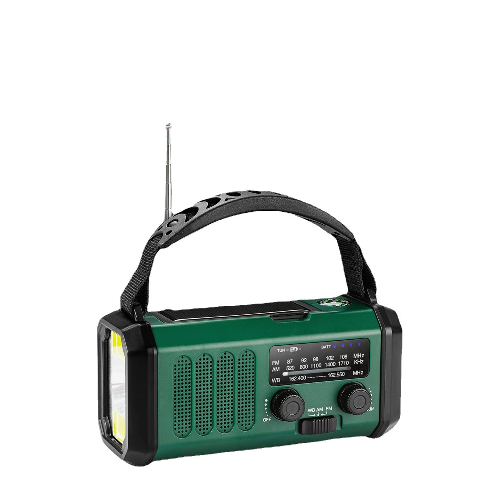  Full Band Radio in military green with built-in speaker, USB charging, and 50 station storage.