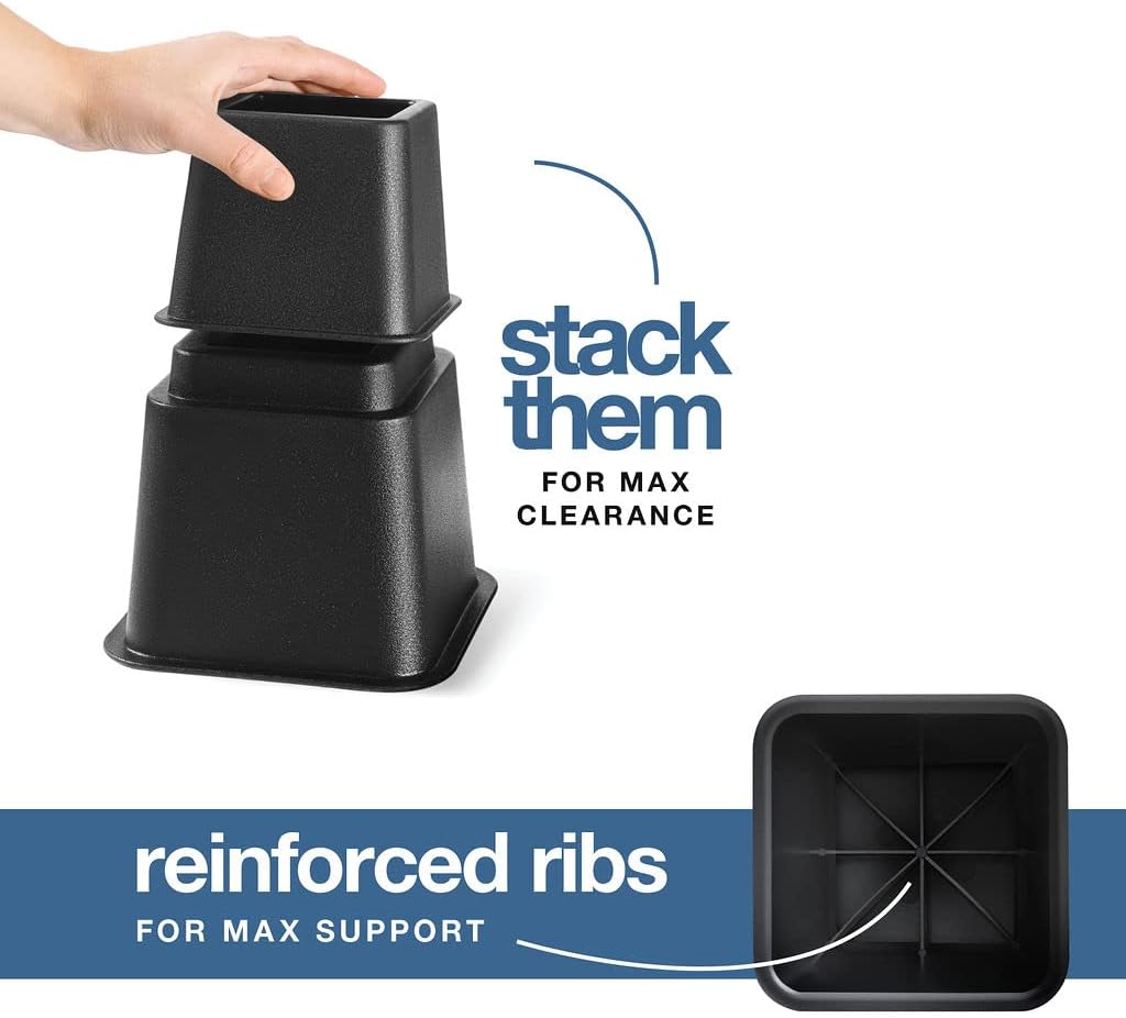 Furniture elevation risers for compatible beds, tables, sofas, and chairs.