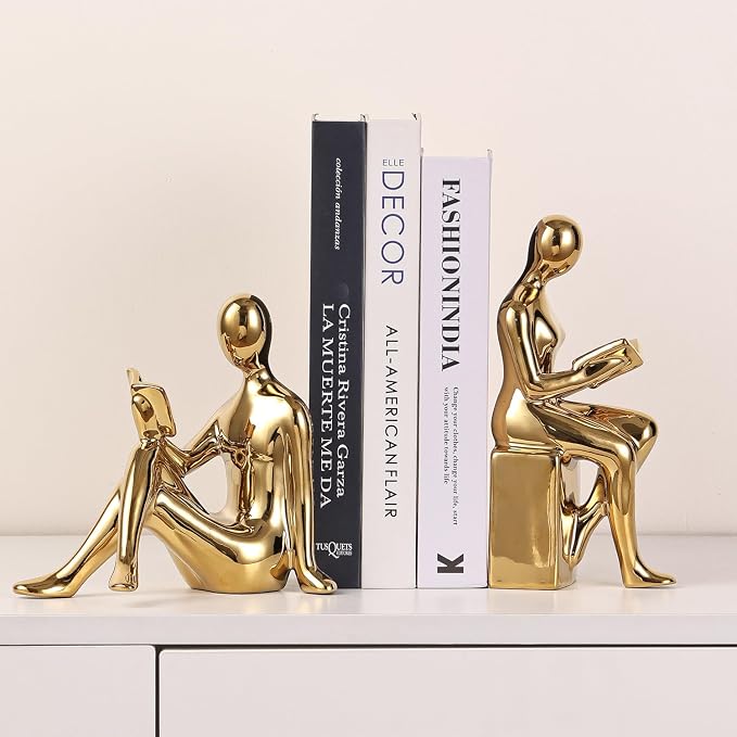 Pair of gold ceramic decorative bookends shown from the front