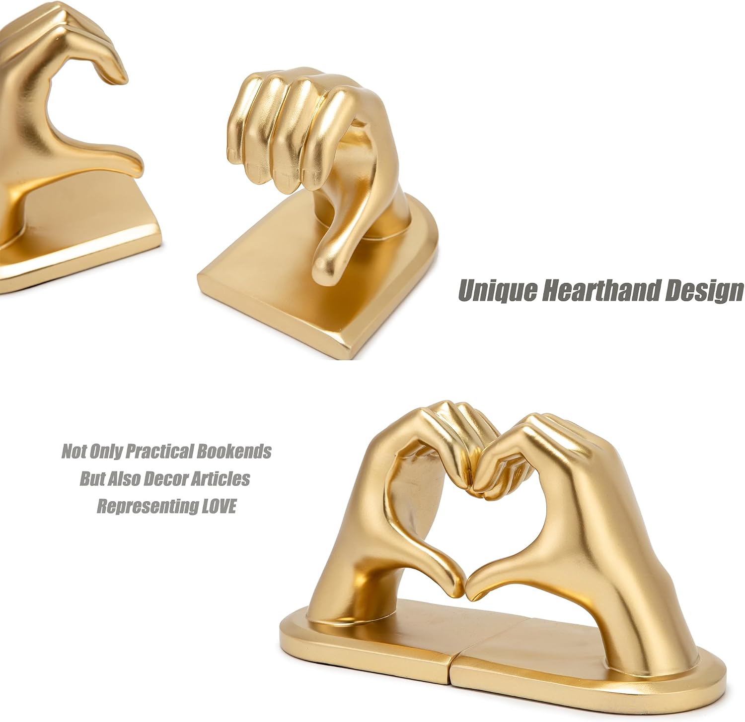 Close-up view of the gold-tone hand sculpture book stopper