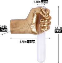 Side view showing the raised hand form and slim glass flower container