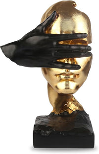 Front view of a gold resin thinker statue featuring an abstract face and contemplative hand pose