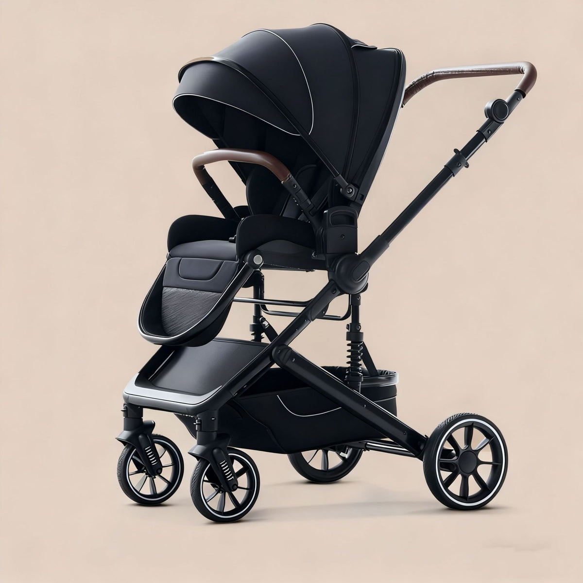 Green baby travel pram style stroller with storage basket, cushioned seat and suspension design