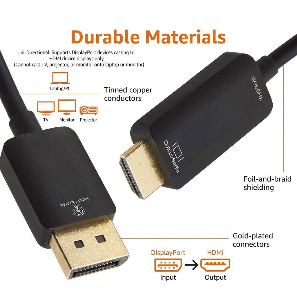 High-quality, gold-plated DisplayPort to HDMI cable for superior signal integrity.
