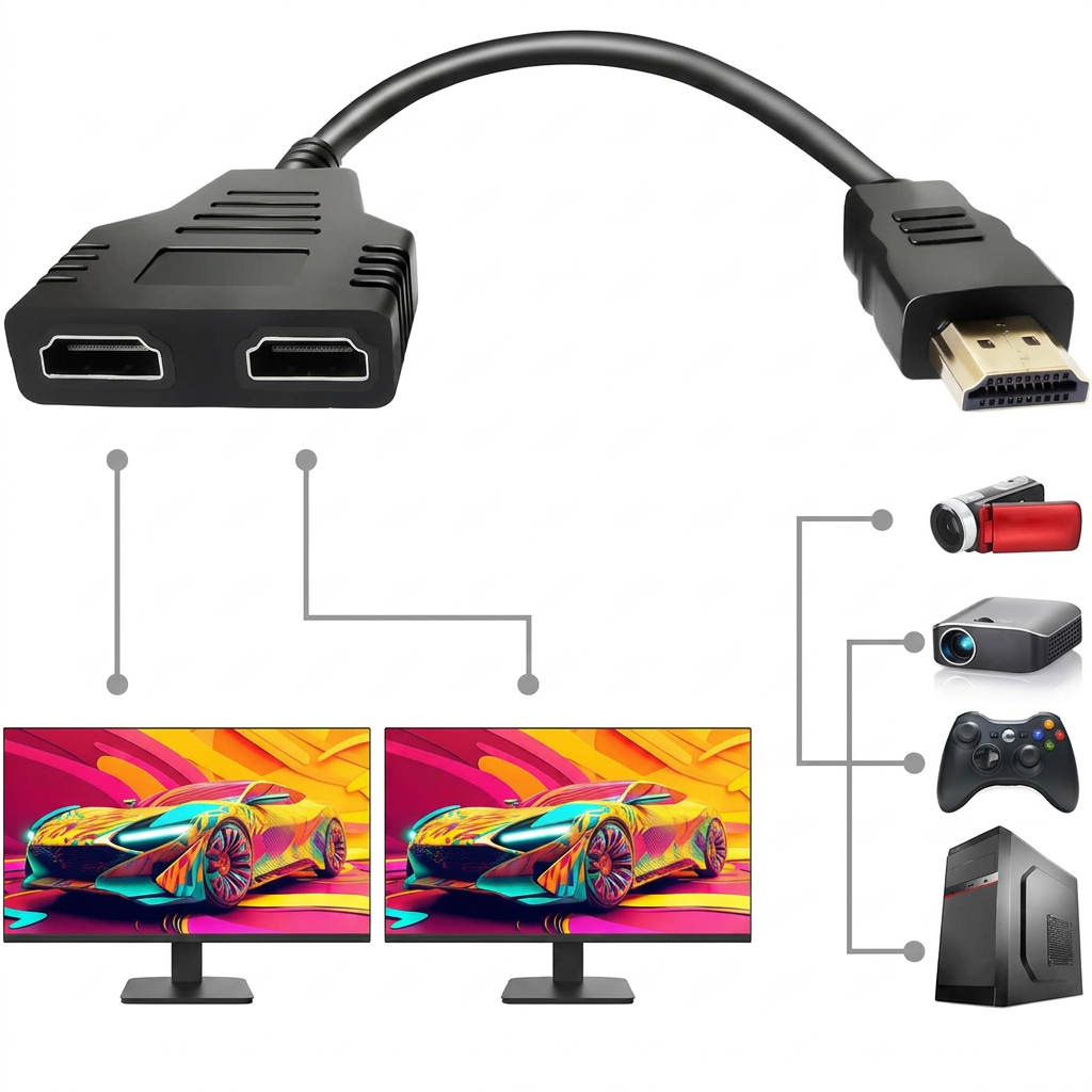 HDMI Splitter Cable Male to Dual Female for 1080P mirror output, 30cm length.