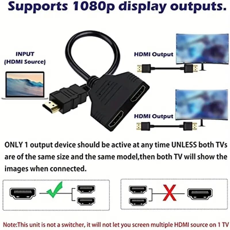 HDMI splitter cable for connecting one device to two identical-sized screens (LED, LCD, HDTV).