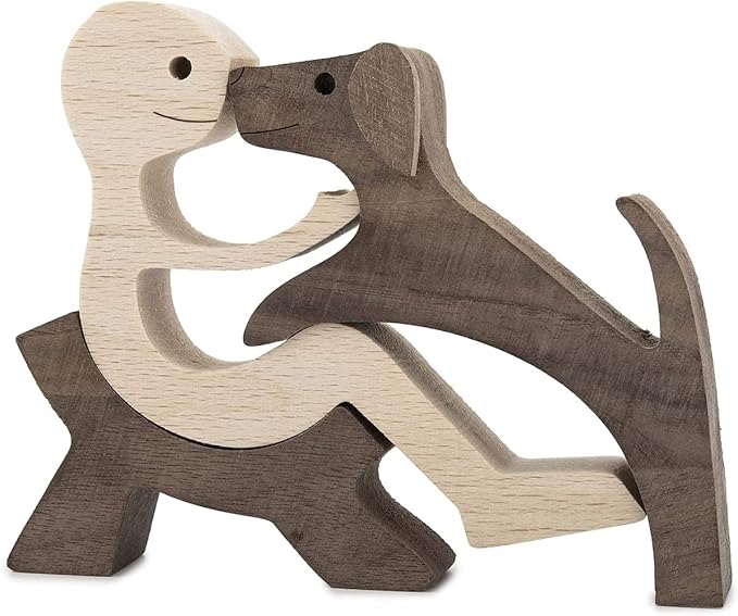Wooden Man and Dog Figurine for Home Décor
