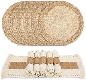 Handmade placemats set of 6 made with natural cotton burlap and water straw for dining table decor