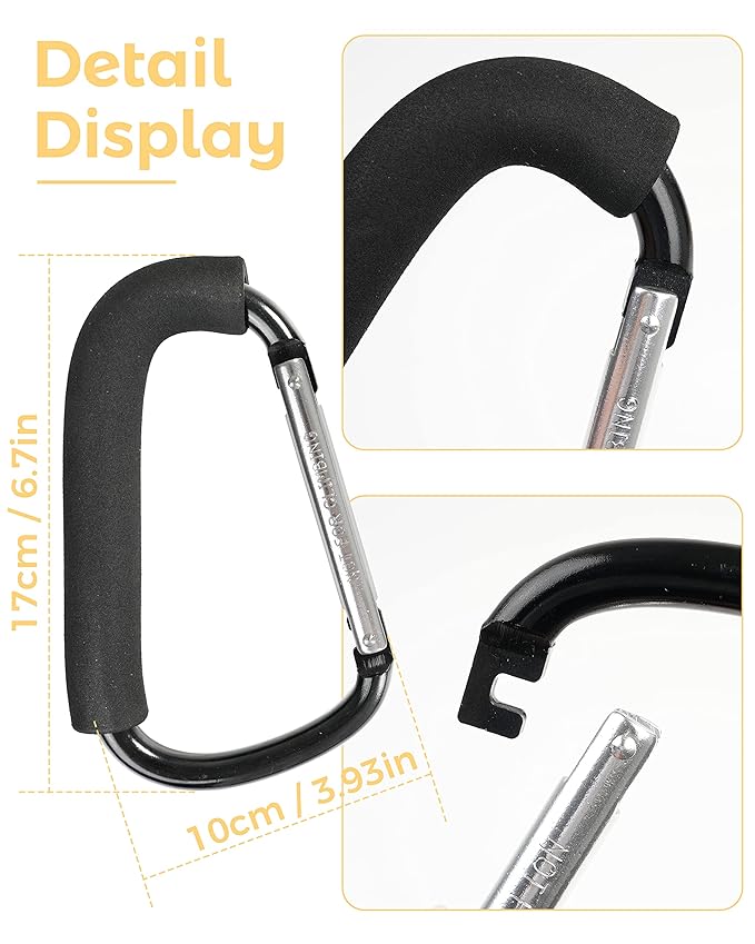 Hands-free stroller hooks for carrying bags, making outings easier and more organized.
