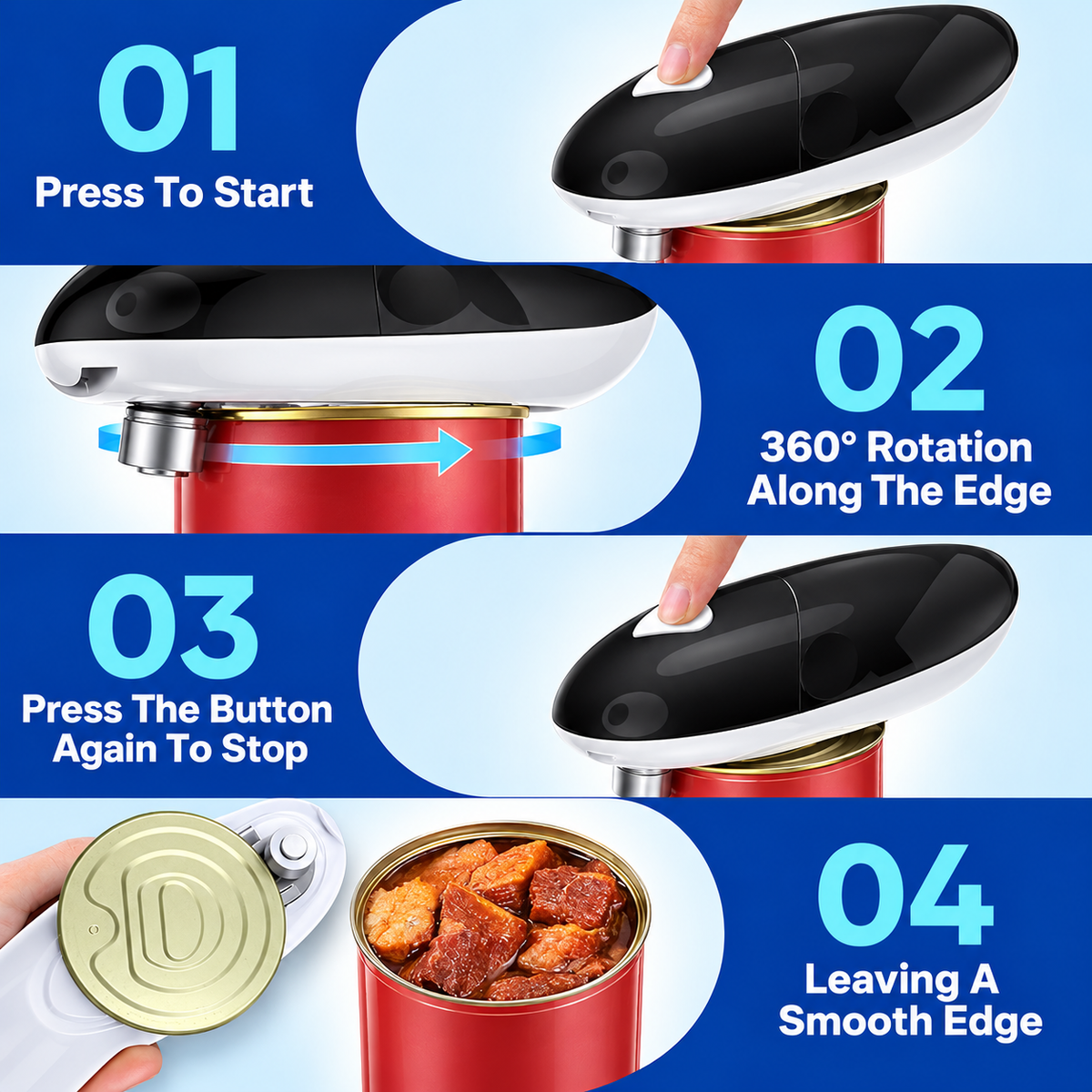 Black automatic electric can opener positioned on a compatible food tin during opening.