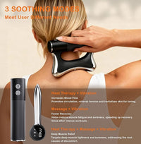 Heated Muscle Scraper Tool in use on the back, demonstrating the fascia scraping and deep tissue massage for muscle relaxation.