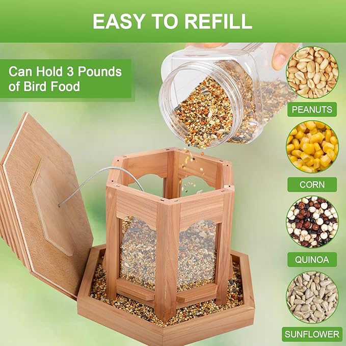Hexagon Wooden Bird Feeder With Large Feeding Capacity