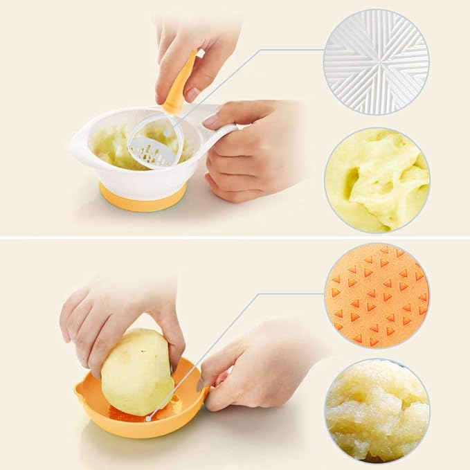 Homemade baby food preparation set with mash bowl, grater, and hand masher