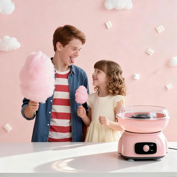 Electric pink cotton candy maker preparing fresh candy floss using suitable sugar.