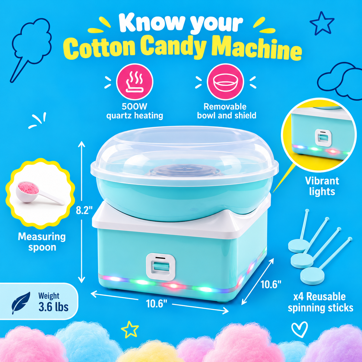 Fresh fluffy cotton candy being collected using a stick from an electric dessert maker.