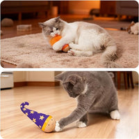 Purple cat tumbler toy with stars, ready for batting