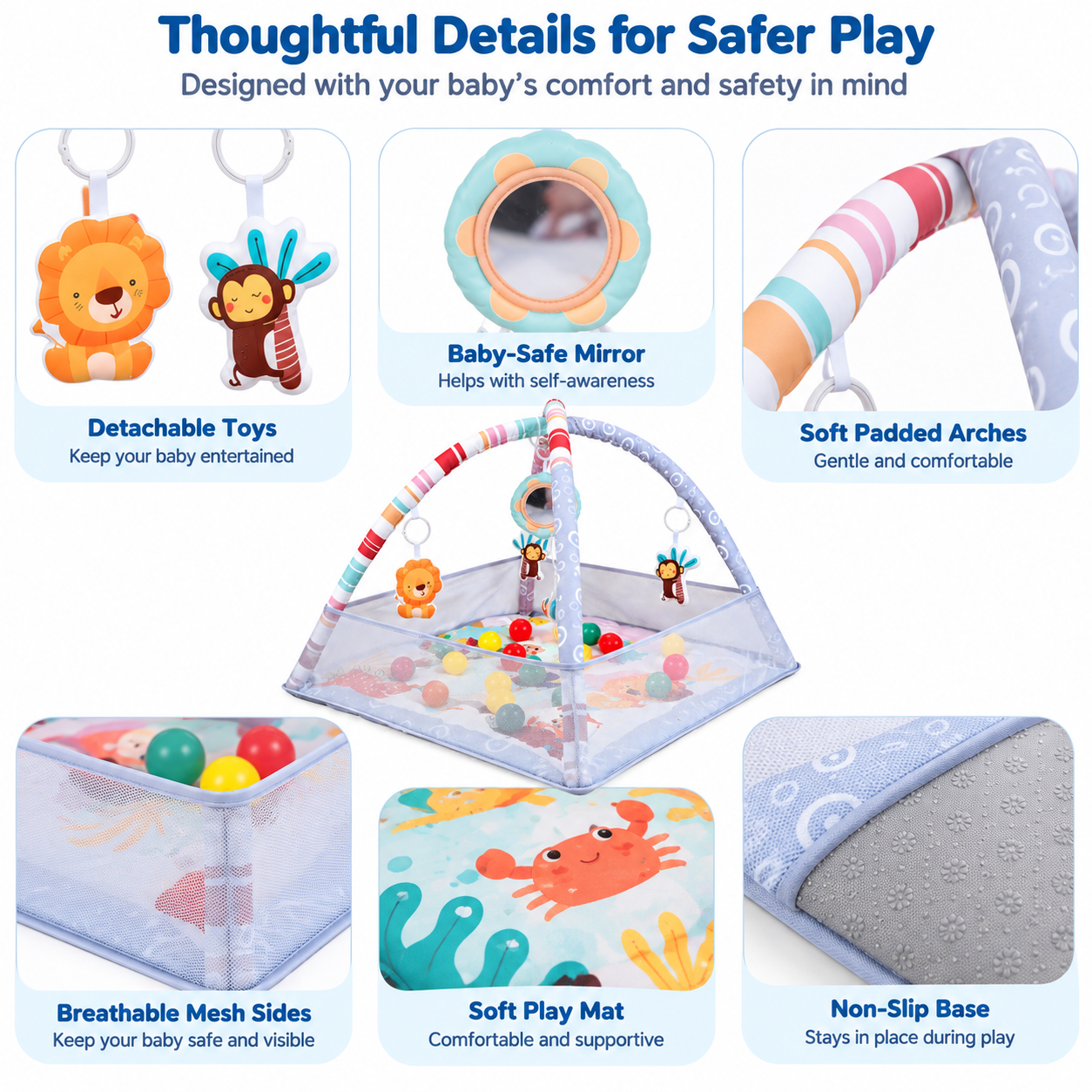 Infant play gym with hanging animal activity toys