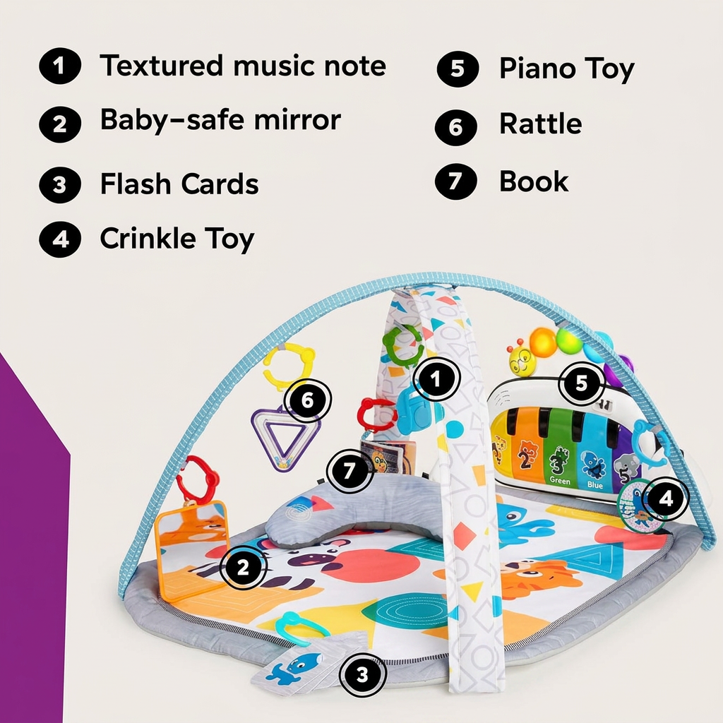 Infant play gym with colorful hanging toys and activity mat