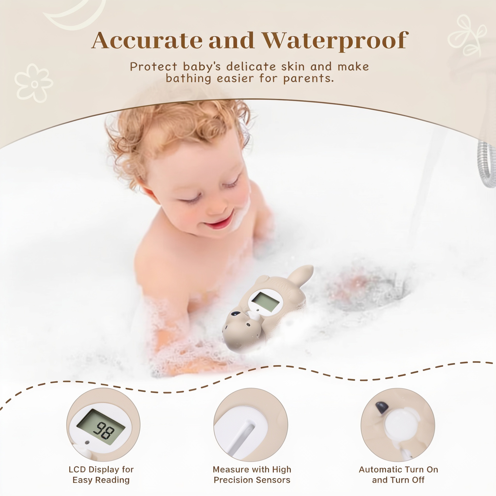 Infant bath thermometer with digital display for safe bathing