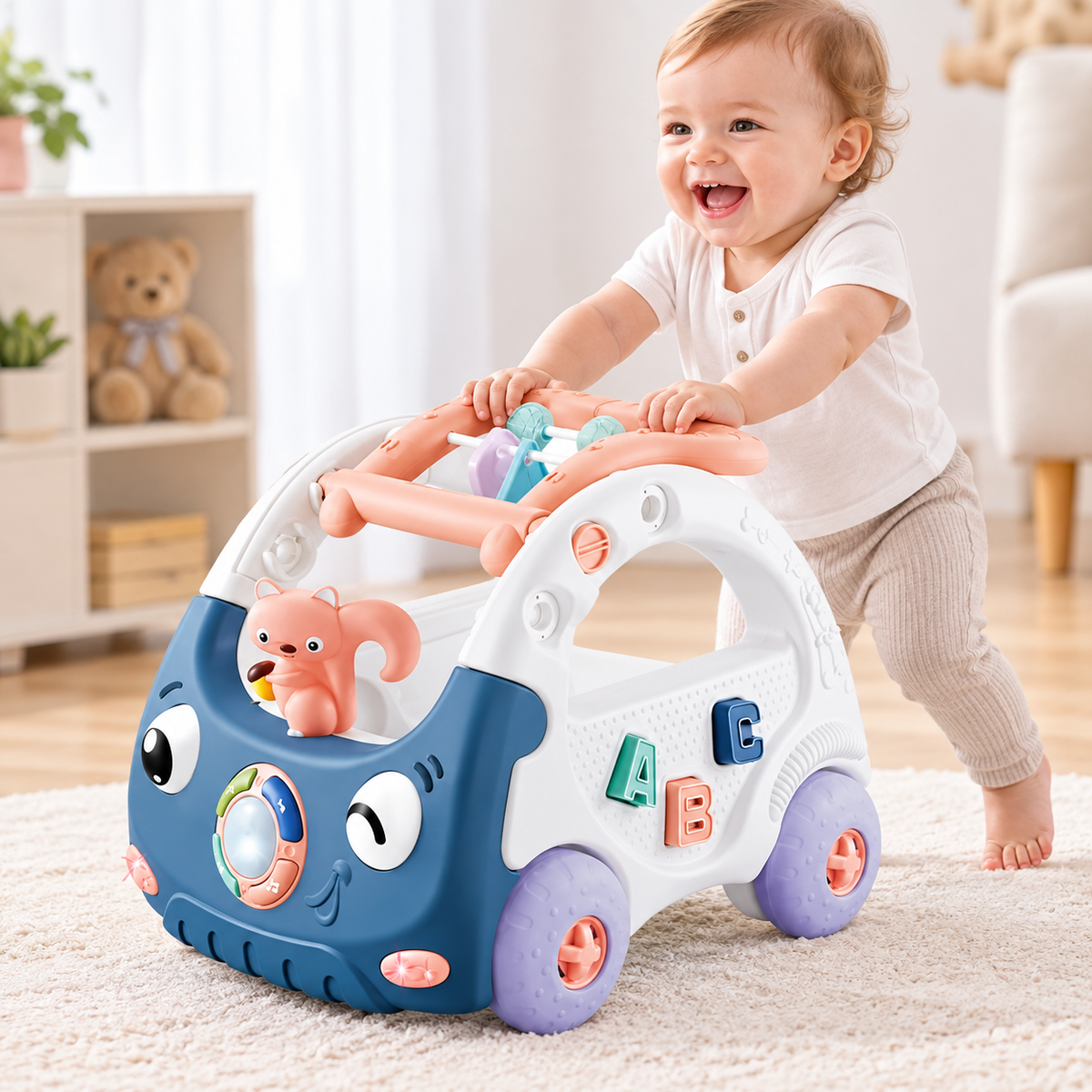 Infant interactive walking toy featuring playful buttons, shapes and sensory activities