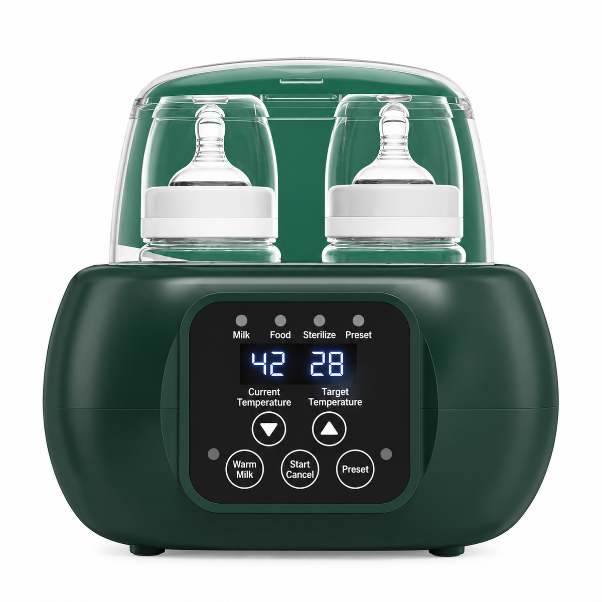 Infant milk warmer featuring an enclosed warming chamber and easy-to-use control panel