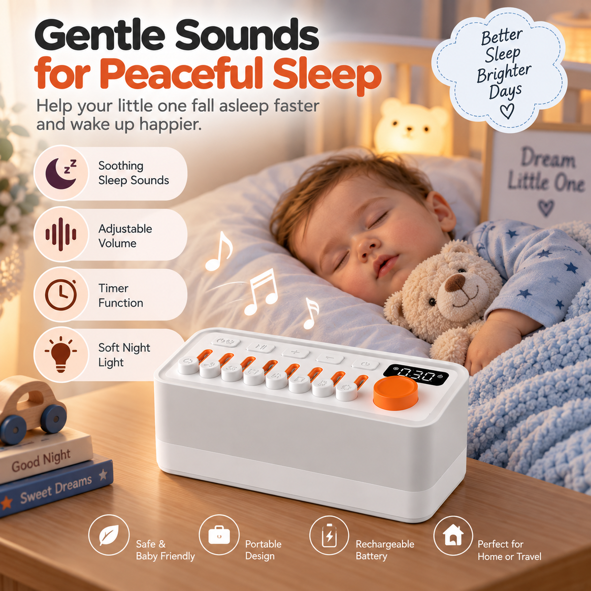 Infant sleep sound machine featuring individual controls for customizable bedtime background audio
