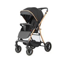 Infant stroller featuring a large lower basket for carrying compatible baby essentials
