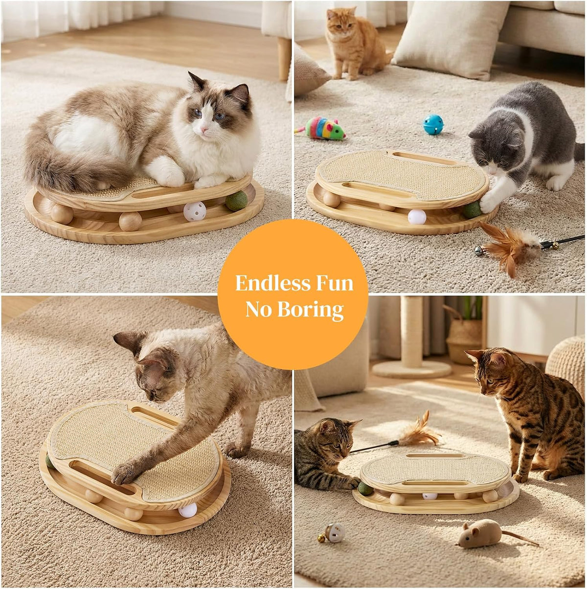 Interactive cat play board with scratching surface and ball