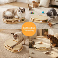 Interactive cat play board with scratching surface and ball