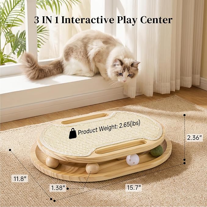 Interactive cat scratcher toy with built-in rolling ball
