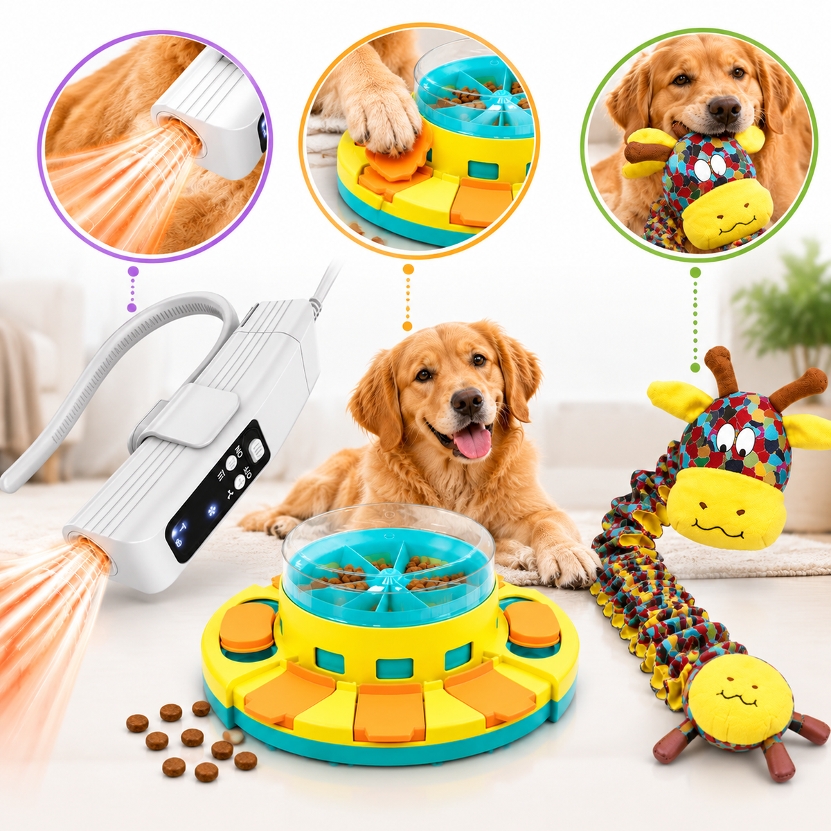 Yellow interactive treat feeder toy for dogs with food compartments