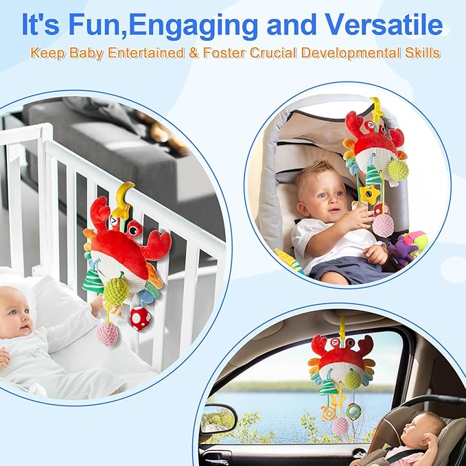 Interactive carseat toys for babies, colorful and engaging for sensory development.