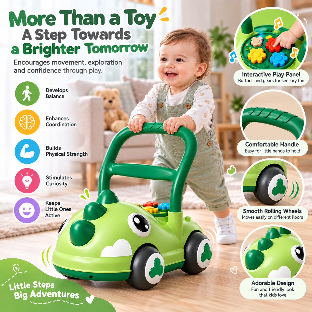 Interactive baby walker push toy with activity panel, smooth wheels and dinosaur car body