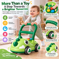Interactive baby walker push toy with activity panel, smooth wheels and dinosaur car body