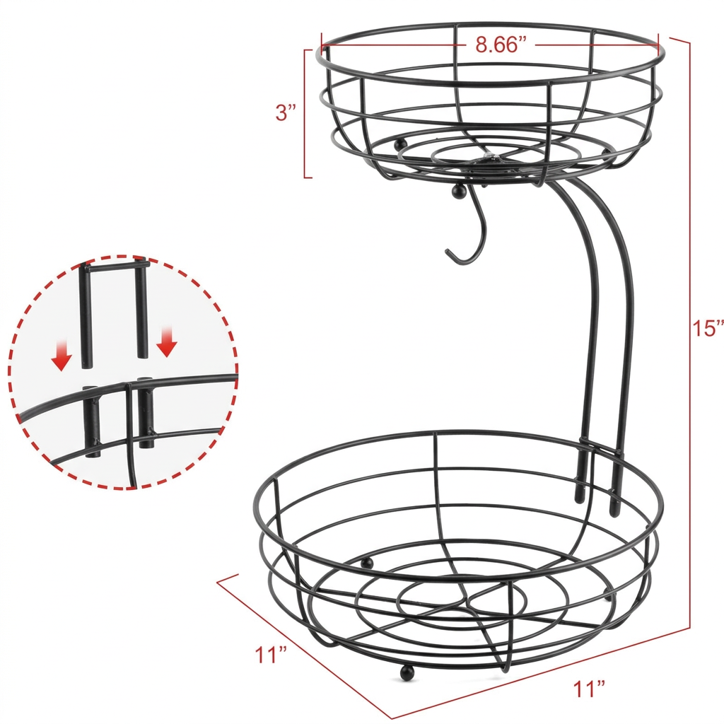 Fruit Basket Stand with Banana Hook | Space Saving Kitchen Organizer
