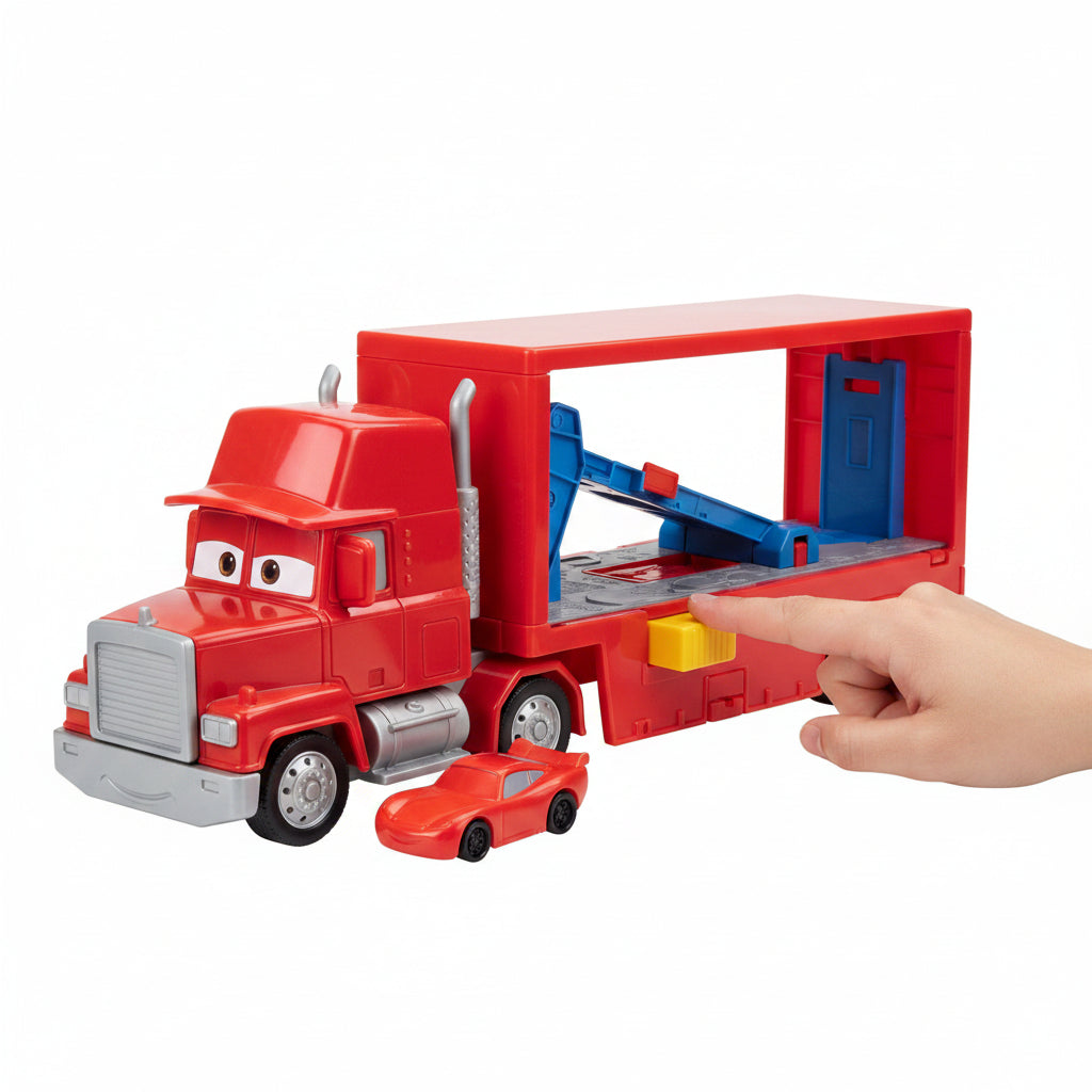 Kids truck playset with launcher feature and fold open station design