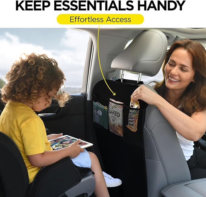 Kids car seat protector with 3-pocket organizer, ideal for storing snacks and toys.