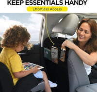 Kids car seat protector with 3-pocket organizer, ideal for storing snacks and toys.