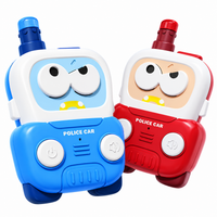 Blue and red cartoon police car walkie talkie toys with antennas and large control buttons on a white background.