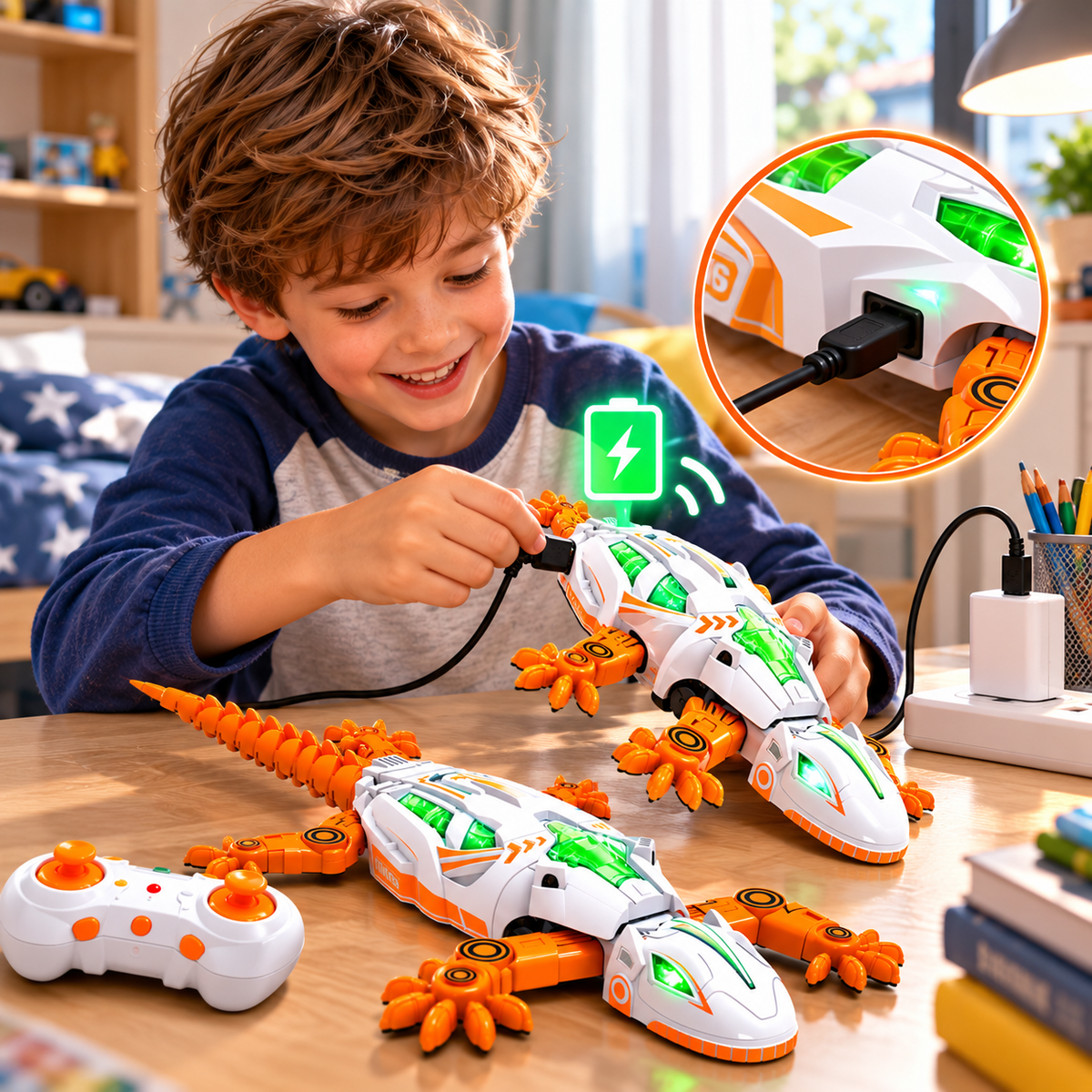 Group of excited children watching a boy operate a remote control wall climbing lizard toy.