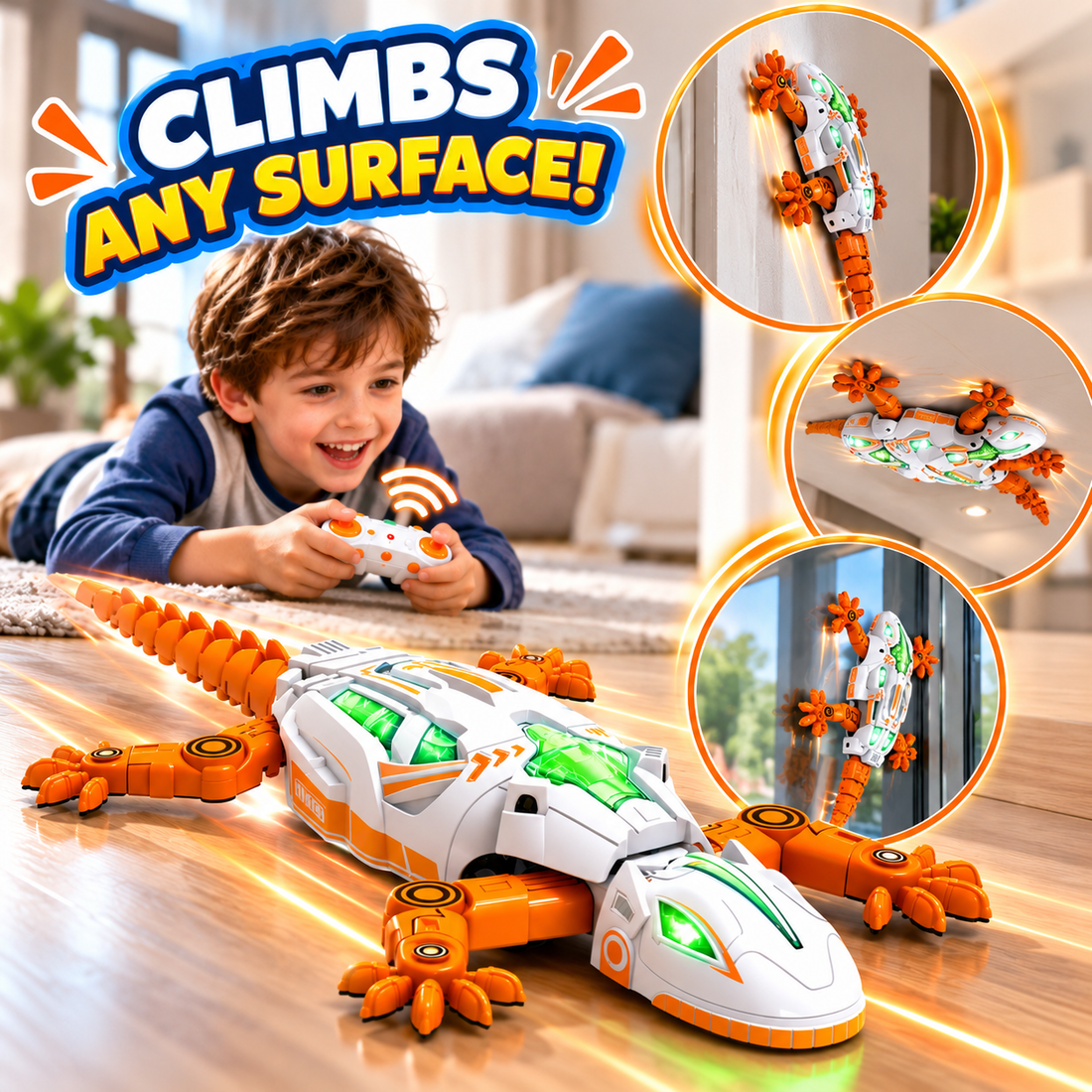 Young boy playing with a white and orange robotic gecko toy using a wireless remote controller in a living room.