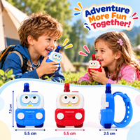 Blue and red cartoon police car walkie talkies shown with illustrated height, width and depth measurements.