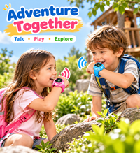 Boy and girl wearing blue and pink walkie talkie watches while playing outdoors.