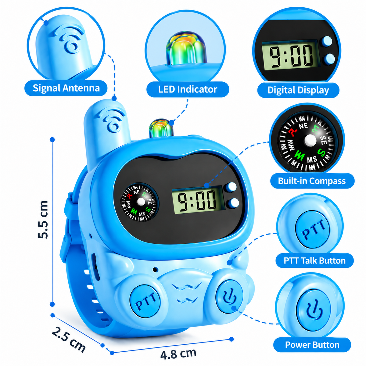 Close-up of a blue children's walkie talkie watch featuring PTT talk and power buttons.