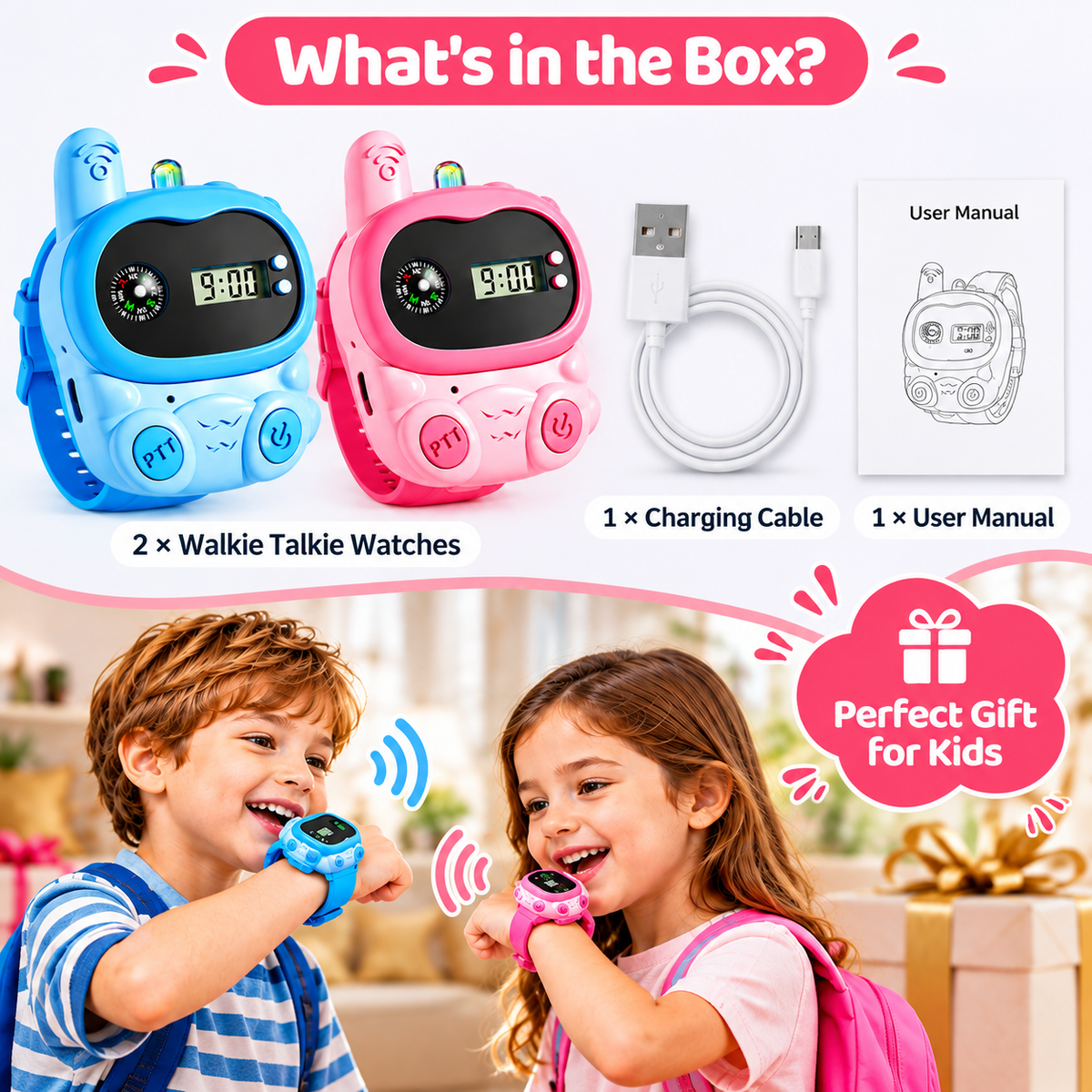 Blue kids walkie talkie wristwatch with illustrated dimensions and feature callouts.