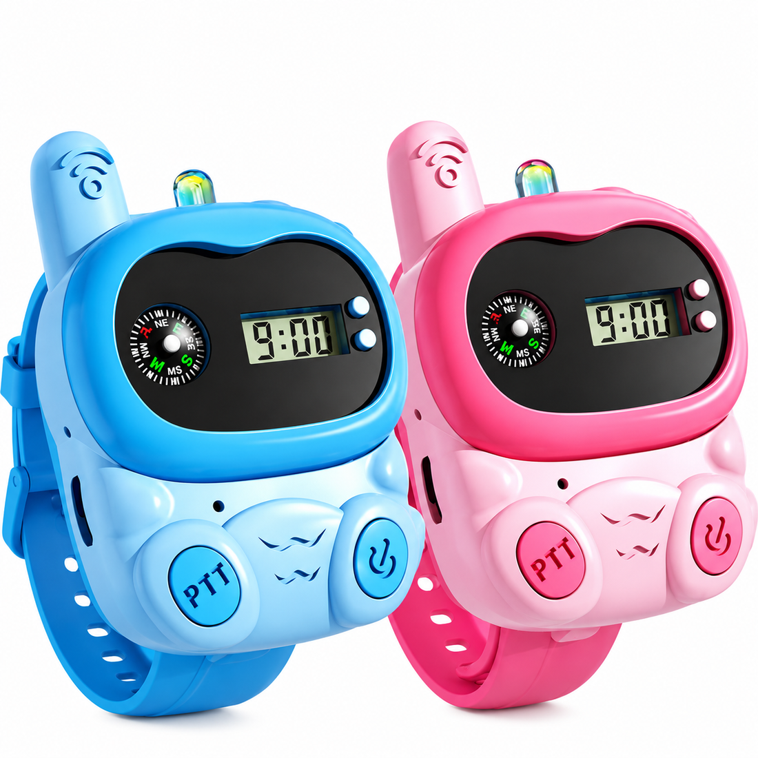 Blue and pink kids walkie talkie wrist watches with digital displays and adjustable straps on a white background.