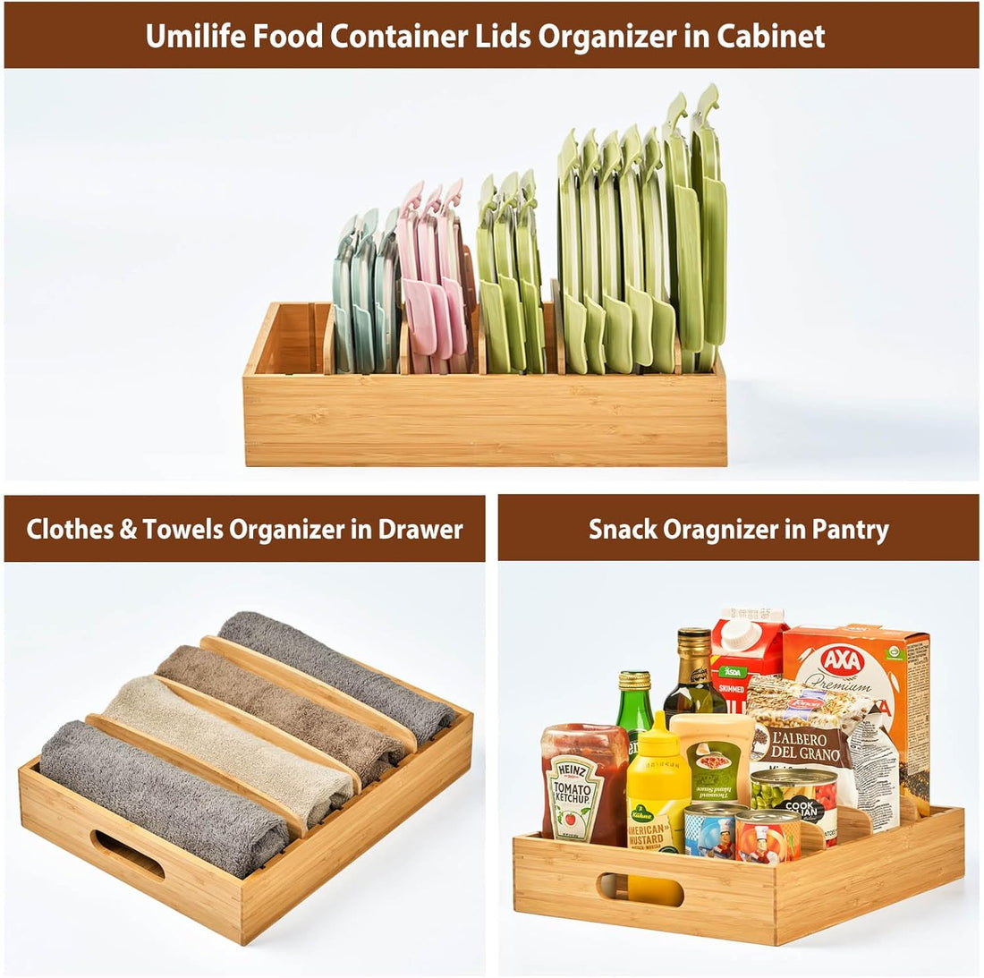 Wooden kitchen drawer organizer for food container lids