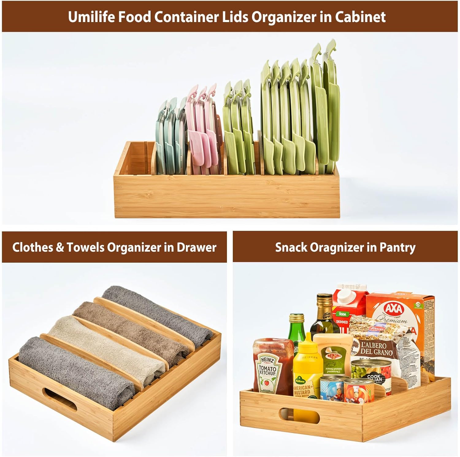 Wooden kitchen drawer organizer for food container lids