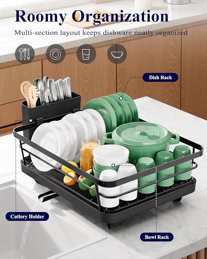 Compact Dish Drainer Rack with Utensil Holder