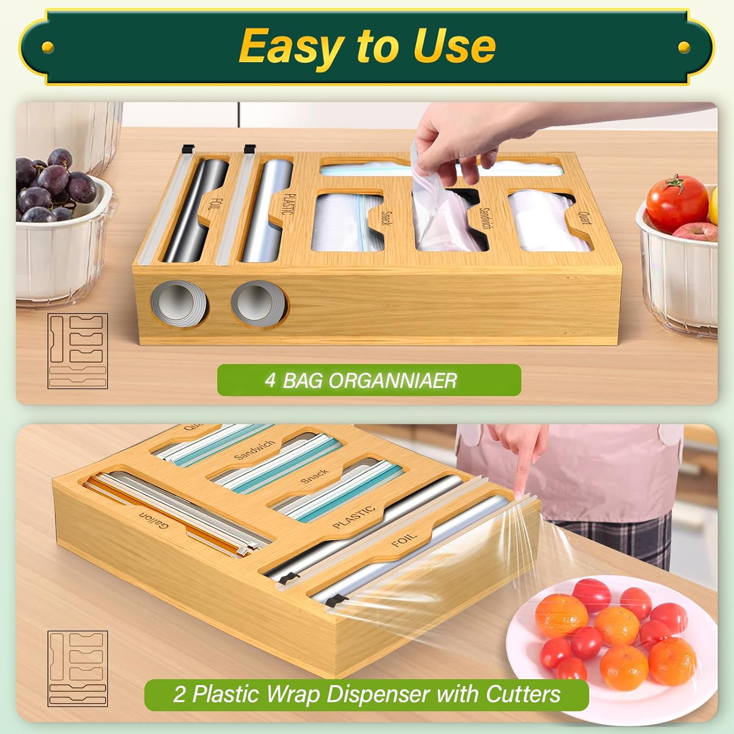 Kitchen drawer wrap dispenser with storage spaces for rolls and food bags.